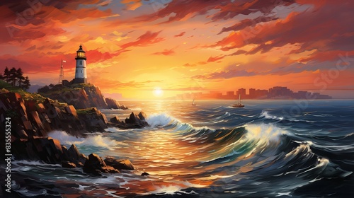 A stunning coastal sunset, with cliffs rising above the sea and a lighthouse standing tall against the colorful sky, guiding a lone boat. 