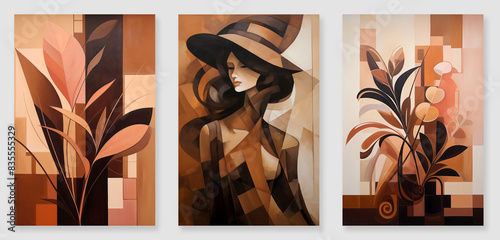painting of plant leaves with a girl in a hat in earth colors, simple abstract with touches of pale oil colors. (ID: 835555329)