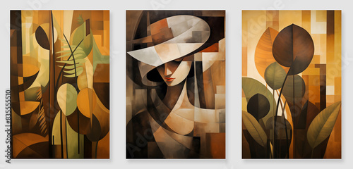 painting of plant leaves with a girl in a hat in earth colors, simple abstract with touches of pale oil colors. (ID: 835555510)