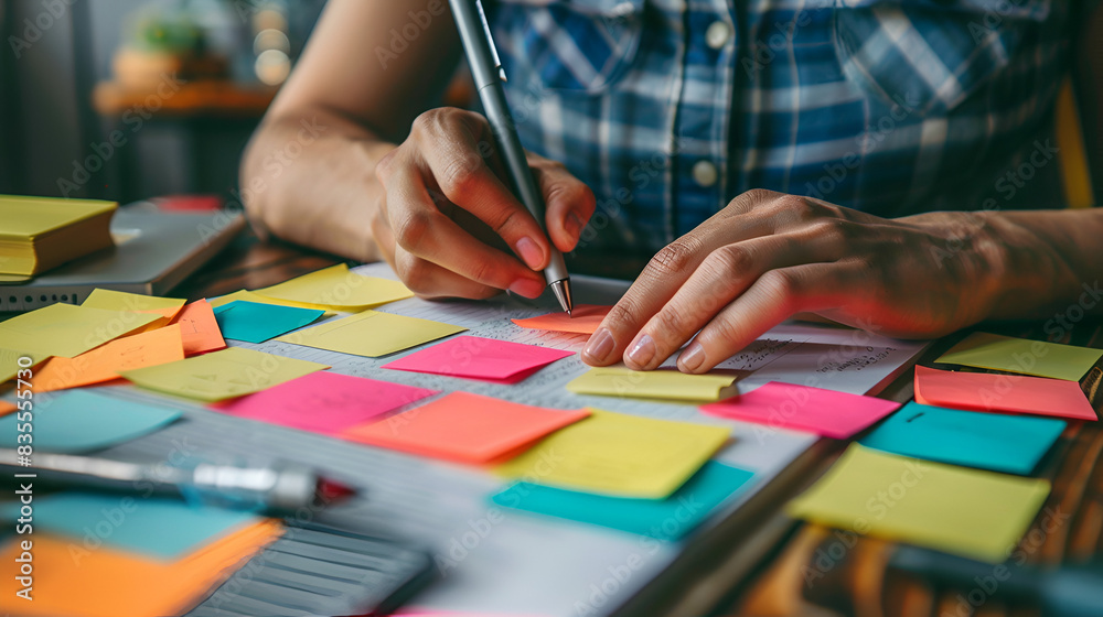 A person writing positive affirmations on sticky notes, promoting positive self-talk and motivation. for mental health, anxiety, insecurity and self doubt cure A person writing positive affirmations on sticky notes, promoting positive self-talk and motivation. for mental health, anxiety, insecurity and self doubt cure