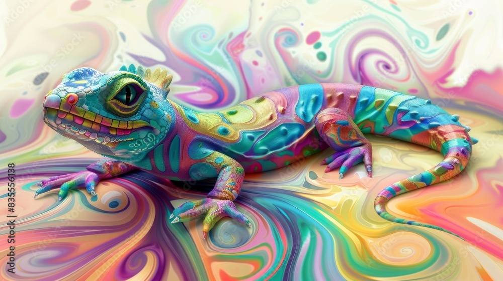 Abstract of lizard chameleon portrait isolated on clean png background with multi colored colorful on skin body and scales paint, reptile animal, Vibrant bright