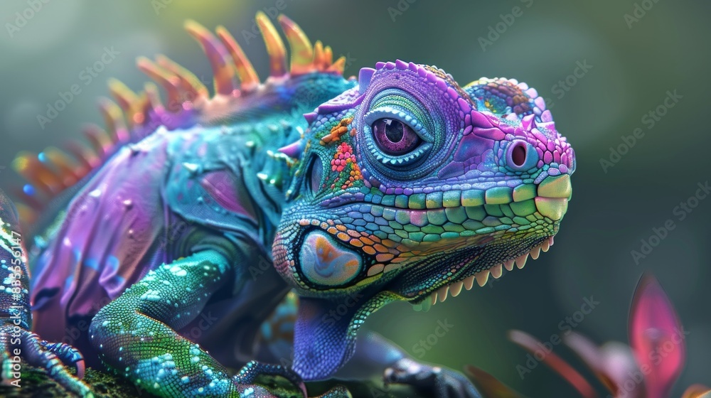 A beautifully colored chameleon perches on a vibrant leaf, vivid hues in its natural rainforest 