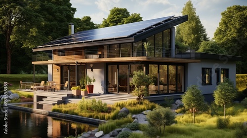 A sustainable home featuring solar panels, a rainwater collection system, and energy-efficient appliances 