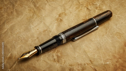 A classic fountain pen with a wooden barrel and gold accents, resting on a wooden surface.