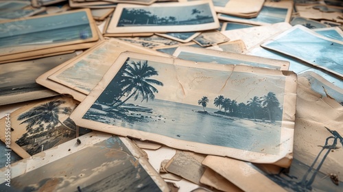 A pile of old, faded postcards featuring beach scenes with palm trees and turquoise water.