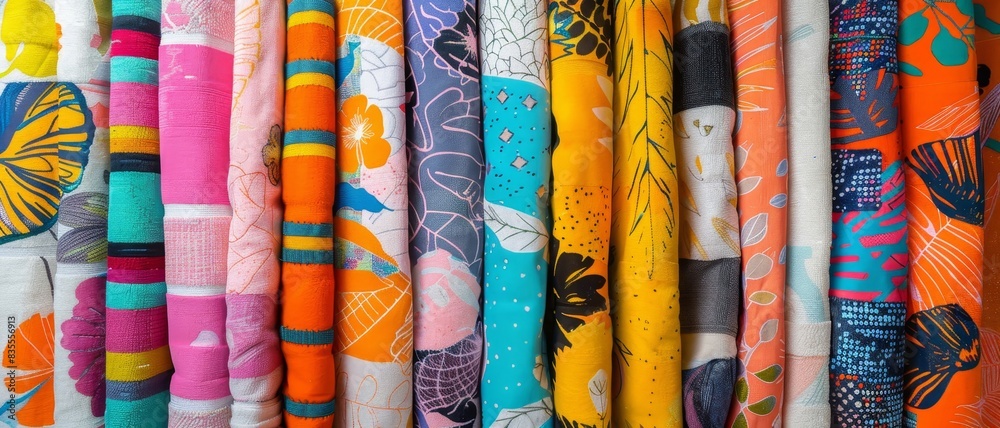 Colorful patterned fabrics arranged in a row. Colorful patterned fabrics arranged in a row.
