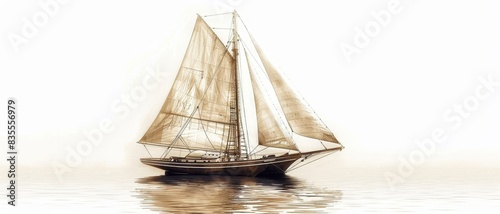 Sailboat with white sails on calm water, isolated on white background. photo