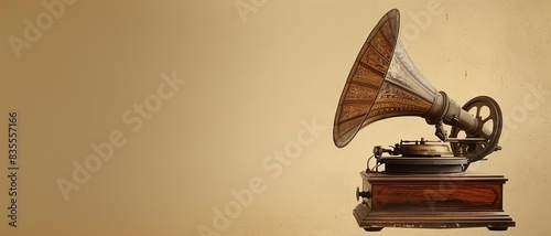 Vintage gramophone with a large horn on a wooden base. photo