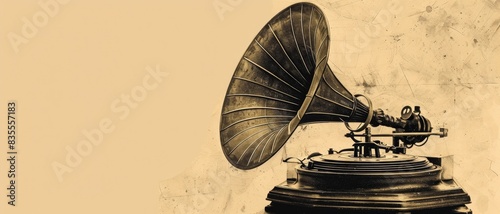 Vintage gramophone with large horn on a beige background.