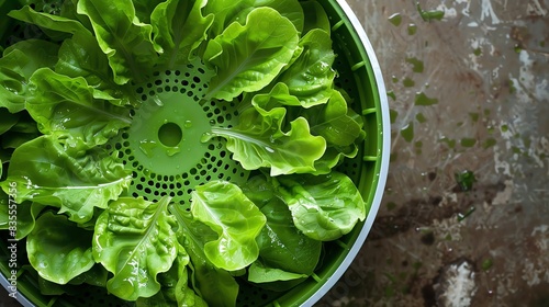 Freshly picked organic lettuce leaves in a salad spinner. photo