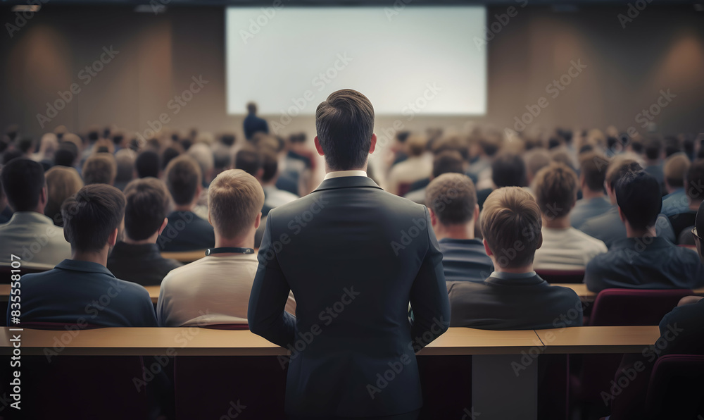 Obraz premium Public speaker talking in front of audience, Successful businessman holds business conference for the press, Speaker at Business Conference and Presentation