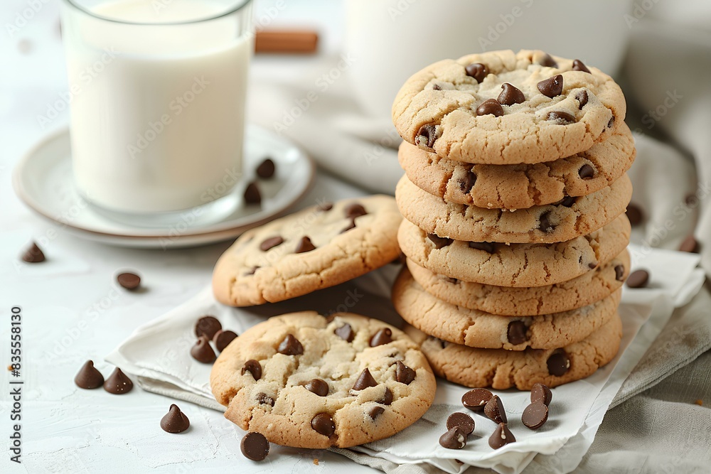 A stack of chocolate chip cookies next to a glass of milk A stack of chocolate chip cookies next to a glass of milk