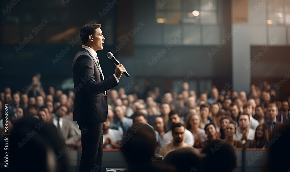 Public speaker talking in front of audience, Successful businessman holds business conference for the press, Speaker at Business Conference and Presentation