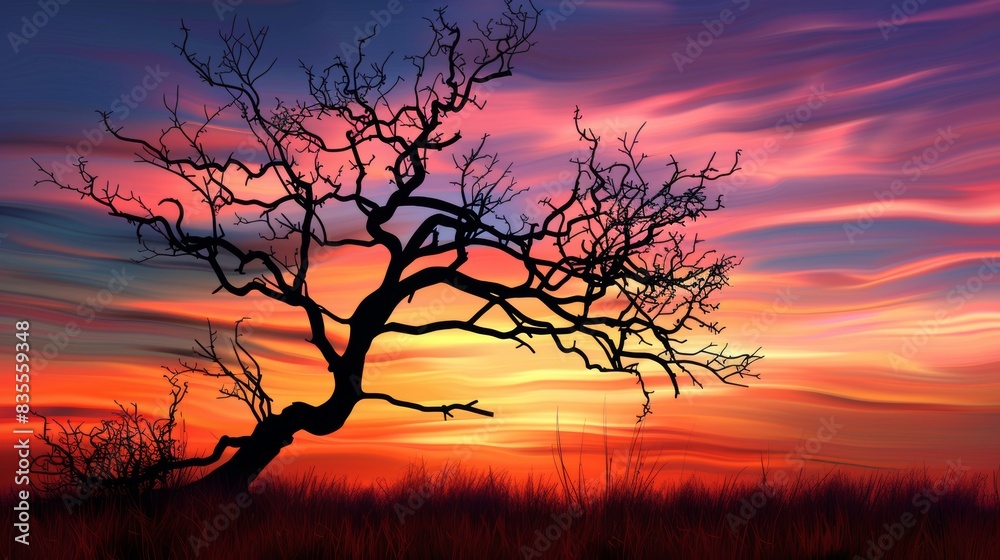 Silhouette of a tree against a vibrant sunset sky