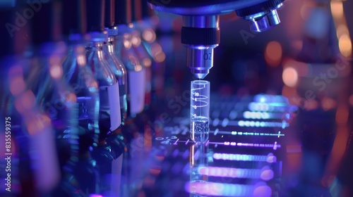 A close-up shot of a machine with various bottles stacked on it