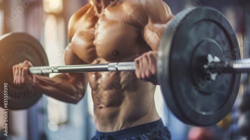 A shirtless man lifts a barbell in a fitness gym, great for sports and exercise stock photos