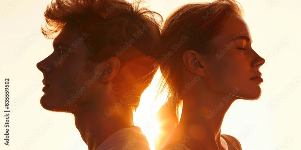 Fototapeta premium A man and a woman standing side by side, possibly in a romantic or intimate moment