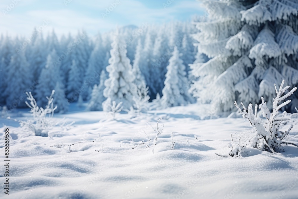 A serene winter scene with snow covering a vast field and trees standing tall in the background A serene winter scene with snow covering a vast field and trees standing tall in the background