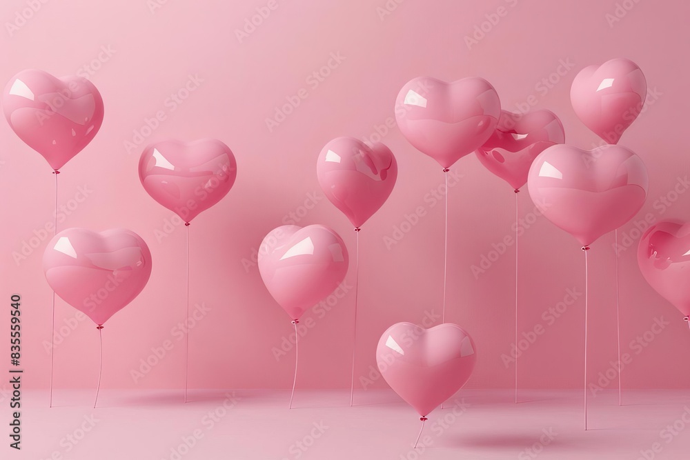 romantic pink heart shaped balloons floating on pastel pink surface love and valentines day concept 3d rendering
