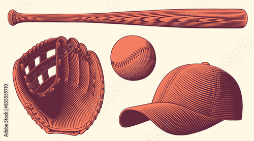 Baseball equipment. Design set. Editable hand drawn illustration. Vector vintage engraving. Isolated on light background. 8 EPS