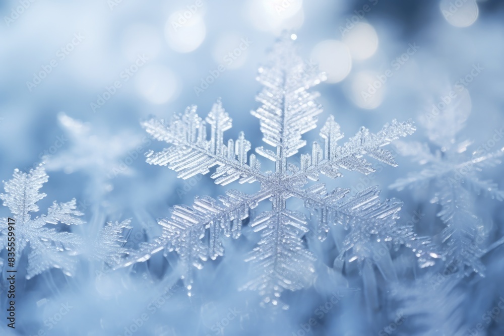 A detailed view of a delicate snowflake on a blue background, perfect for winter-themed designs and illustrations
