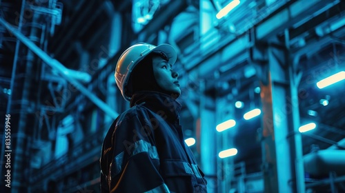 A person wearing a hard hat and standing in a industrial setting, possibly a factory or construction site