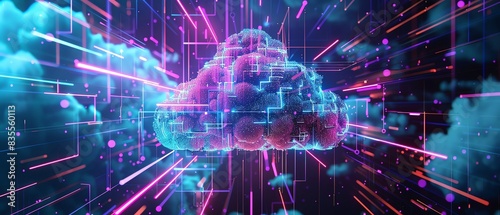 Cloud computing with futuristic holographic elements, blockchain encryption, AIdriven data processing, and secure multicloud management photo