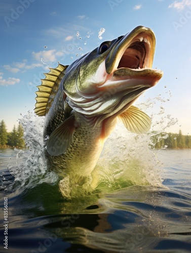 A large-mouthed fish suddenly jumps out of the water, creating a splash