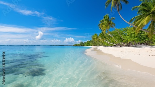 A tranquil beach with turquoise waters  white sand  and swaying palm trees 