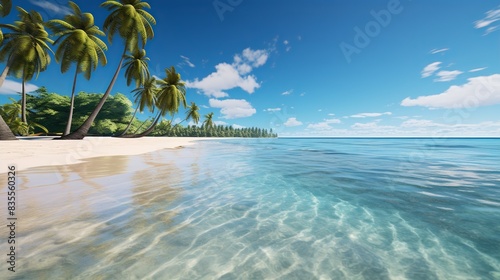 A tranquil beach with turquoise waters, white sand, and swaying palm trees 