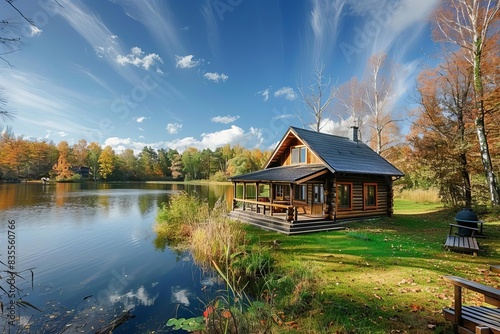 rustic wooden dacha house on serene lakeside idyllic rural getaway scenery photo
