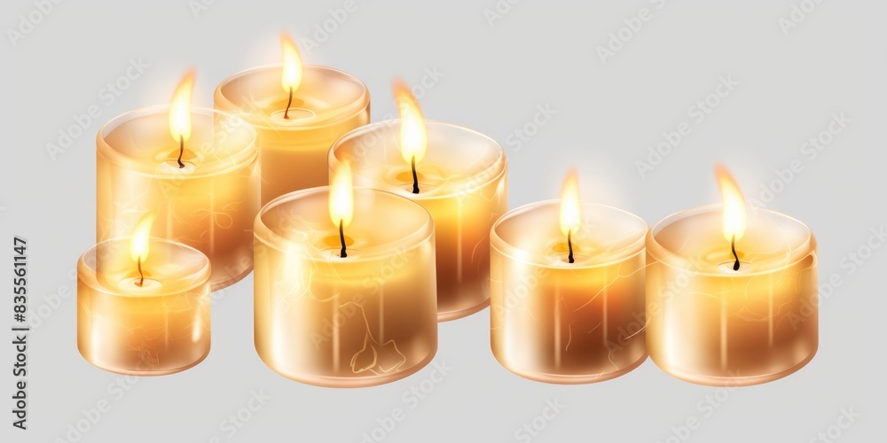 A collection of lit candles placed together on a surface A collection of lit candles placed together on a surface