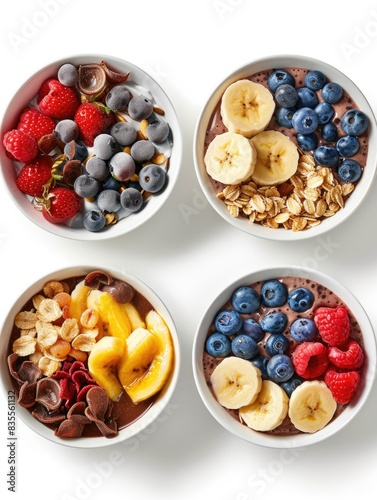 Four colorful bowls filled with various fruits and vegetables for healthy snacking or meal prep