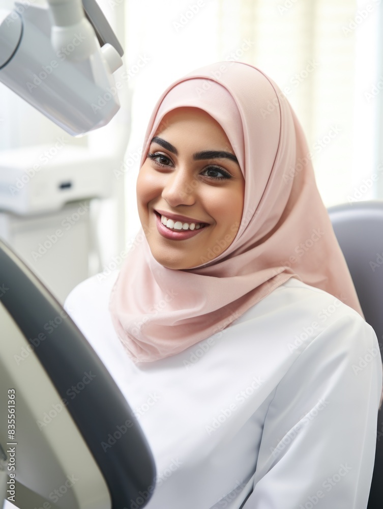 A smiling woman wearing a hijab sits in a dentist's chair, ready for a dental appointment A smiling woman wearing a hijab sits in a dentist's chair, ready for a dental appointment