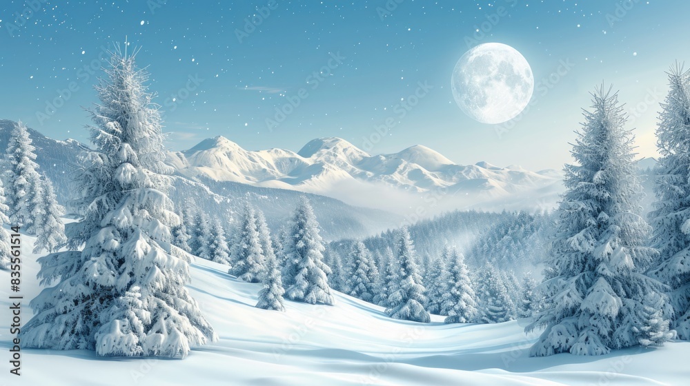 Obraz premium A serene winter scene featuring a snow-covered forest with towering trees and a bright full moon overhead