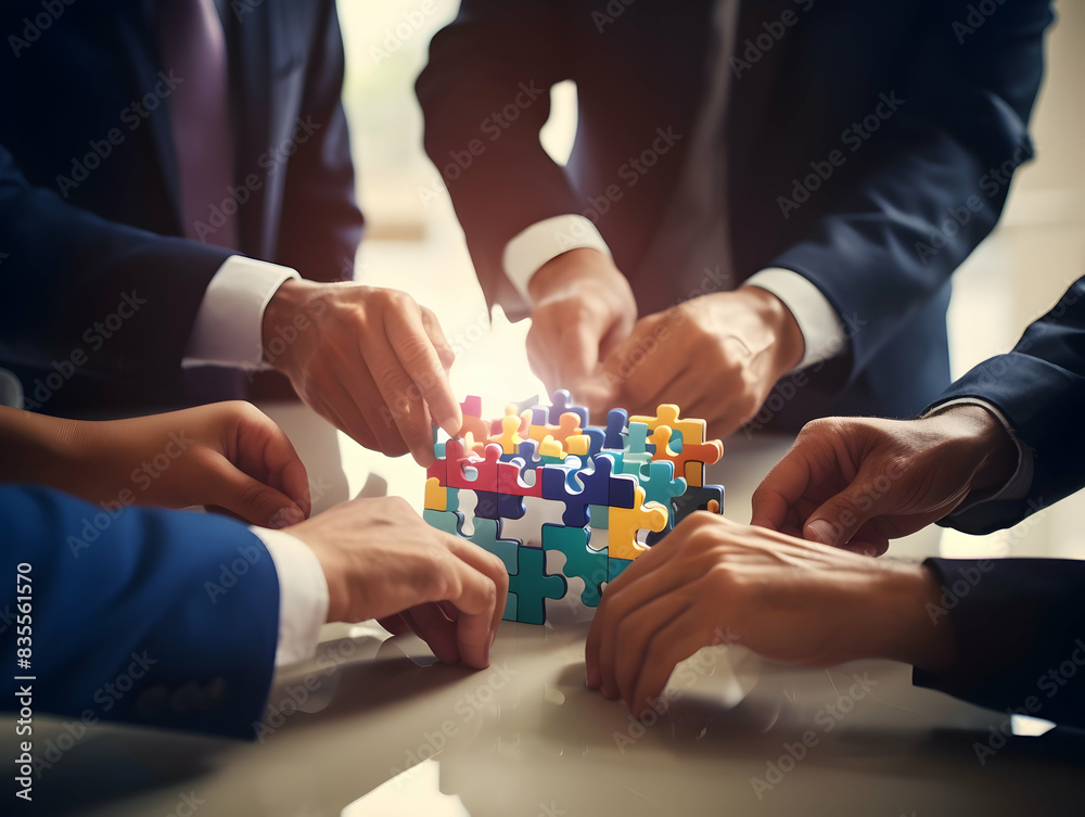 Business puzzle, Colorful 3D Business Puzzle, Business people joining puzzle together, teamwork and unity in business concept Business puzzle, Colorful 3D Business Puzzle, Business people joining puzzle together, teamwork and unity in business concept