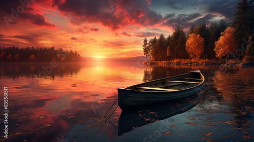 A tranquil sunset over a still lake  with the sky s fiery colors reflecting perfectly on the water s surface  and a solitary boat drifting peacefully 