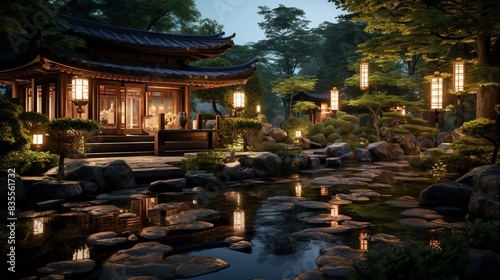 A tranquil Zen garden with a koi pond, stone lanterns, and perfectly manicured trees 