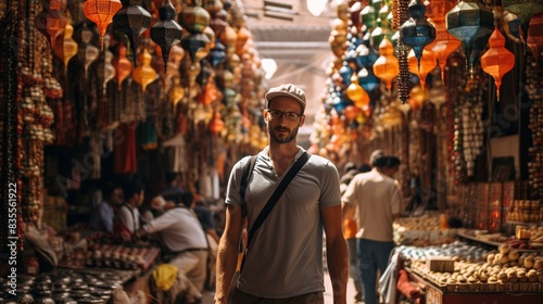 A travel blogger exploring a bustling market in Marrakech, surrounded by colorful stalls and vibrant local culture 