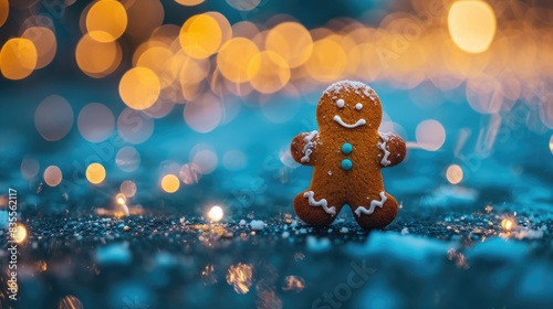 A detailed view of a gingerbread cookie on a table, useful for food and dessert related concepts photo