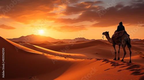 A traveler riding a camel through the vast expanse of the Sahara Desert  the sun setting behind the dunes 