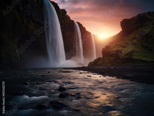 A serene waterfall surrounded by lush greenery and illuminated by a stunning sunset