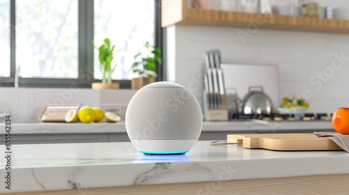 Smart speaker on a kitchen counter responding to voice command, close-up, interactive LED lights active.  © Thanthara