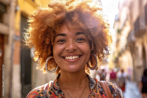 A woman with an afro hairstyle smiling directly at the camera