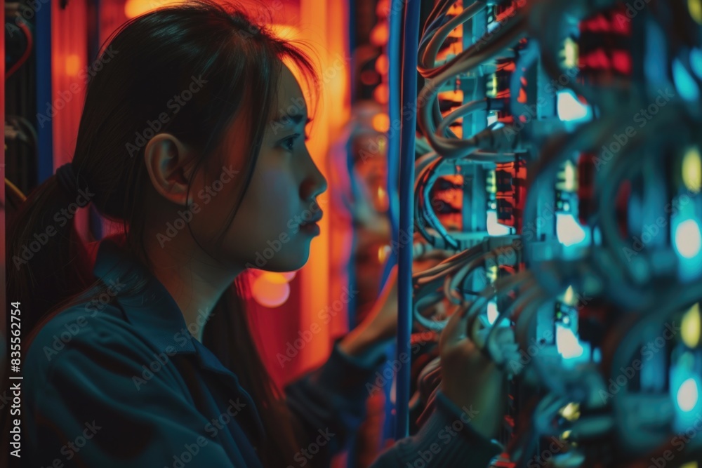 Obraz premium A woman sits at a desk in a server room, typing away on her computer