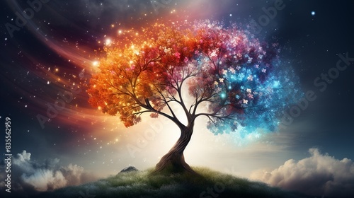A tree with a rainbow arcing over it, symbolizing the diverse paths to success 