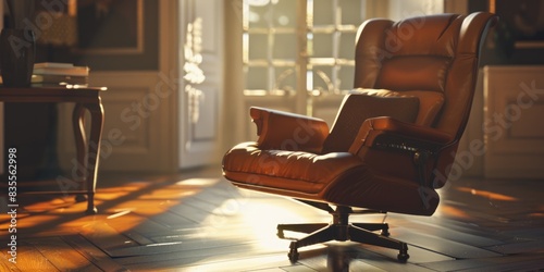 A brown leather chair sits atop a rustic hardwood floor photo