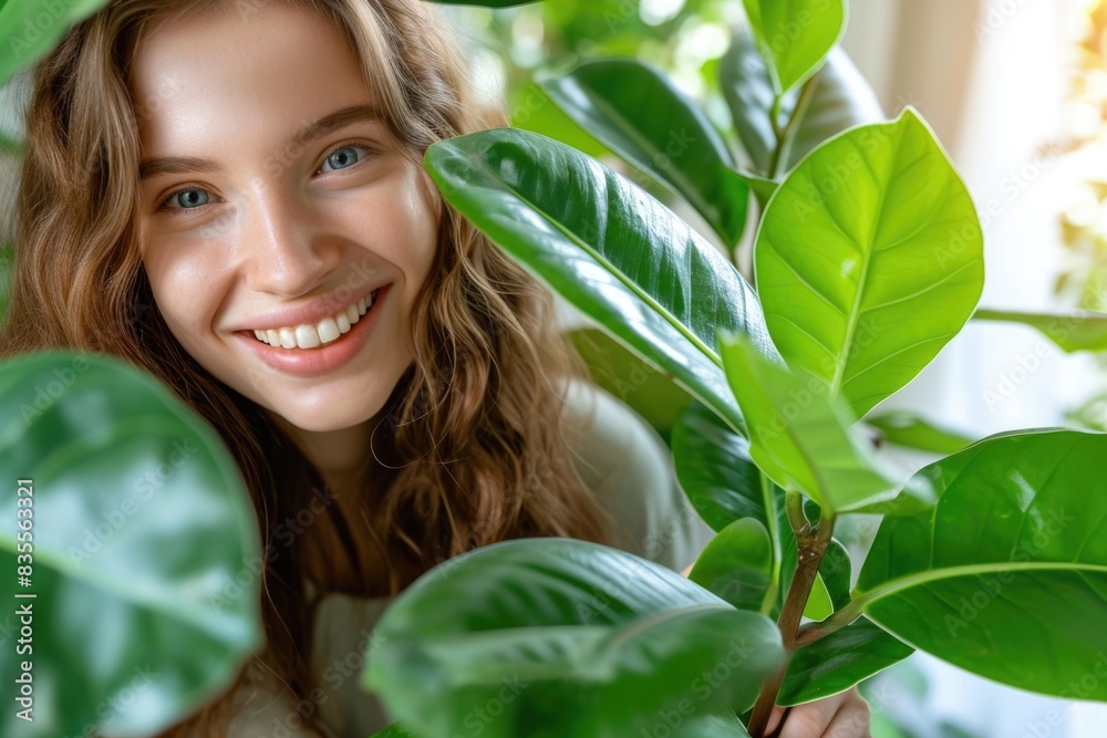 A smiling woman holds a plant in front of her A smiling woman holds a plant in front of her