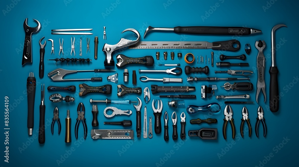 Fototapeta premium Top view design concept of Father's day with working tools on blue background.