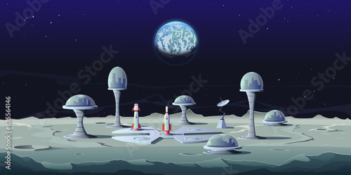 Fototapeta Naklejka Na Ścianę i Meble -  Lunar space base with a spaceport on the surface of the moon. Lunar landscape with planet earth above the horizon, modular buildings of colonists under a protective dome. Sci-fi cartoon vector.